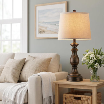 Traditional Table Lamp Set of 2, Rustic Farmhouse Table Lamps for Living Room Bedroom, 22" Bedside Desk Lamps Vintage Nightstand Lamps with Linen Shades, Wood Grain