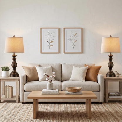 Traditional Table Lamp Set of 2, Rustic Farmhouse Table Lamps for Living Room Bedroom, 22" Bedside Desk Lamps Vintage Nightstand Lamps with Linen Shades, Wood Grain