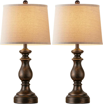 Traditional Table Lamp Set of 2, Rustic Farmhouse Table Lamps for Living Room Bedroom, 22" Bedside Desk Lamps Vintage Nightstand Lamps with Linen Shades, Wood Grain