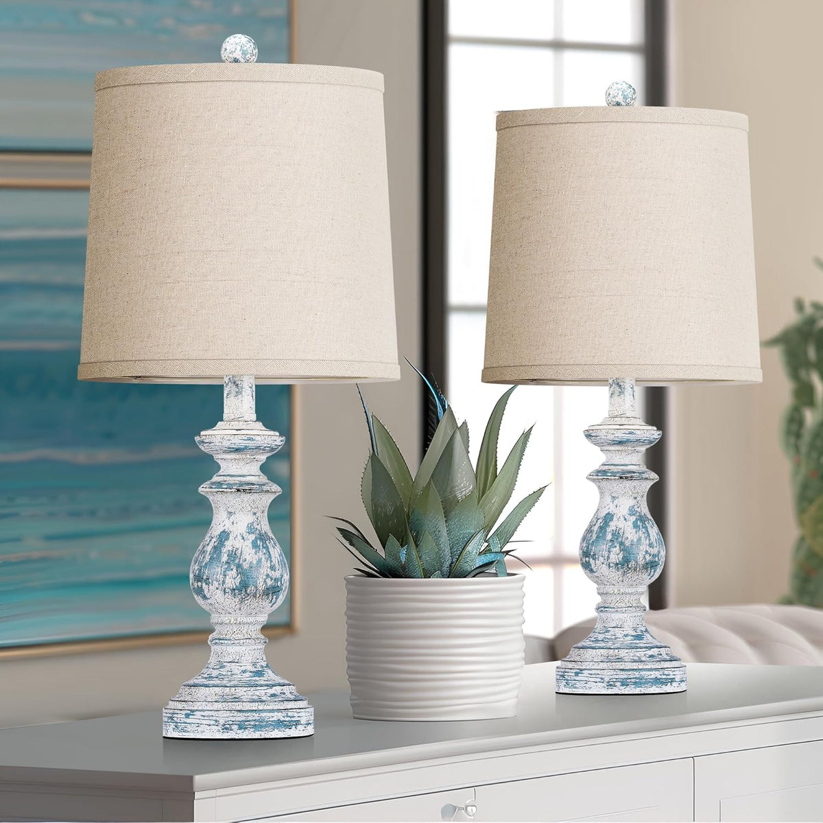 Traditional Table Lamp Set of 2, Rustic Farmhouse Table Lamps for Living Room Bedroom, 22" Bedside Desk Lamps Vintage Nightstand Lamps with Linen Shades, Wood Grain