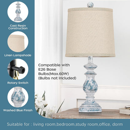 Traditional Table Lamp Set of 2, Rustic Farmhouse Table Lamps for Living Room Bedroom, 22" Bedside Desk Lamps Vintage Nightstand Lamps with Linen Shades, Wood Grain