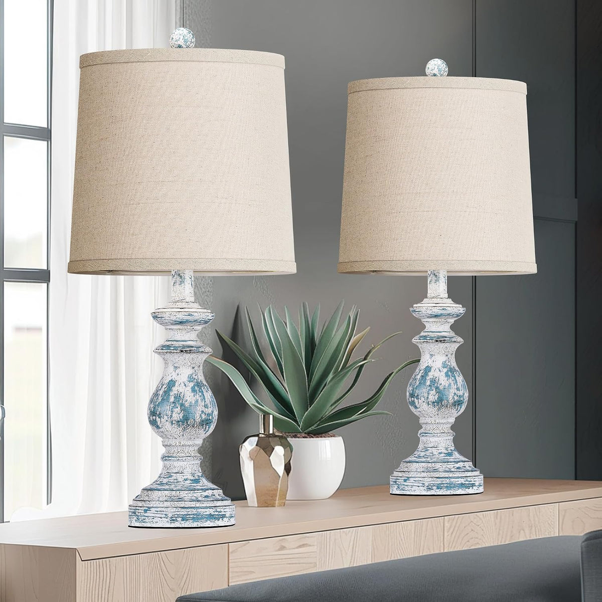 Traditional Table Lamp Set of 2, Rustic Farmhouse Table Lamps for Living Room Bedroom, 22" Bedside Desk Lamps Vintage Nightstand Lamps with Linen Shades, Wood Grain