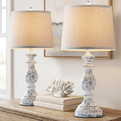 Traditional Table Lamp Set of 2, Rustic Farmhouse Table Lamps for Living Room Bedroom, 22" Bedside Desk Lamps Vintage Nightstand Lamps with Linen Shades, Wood Grain