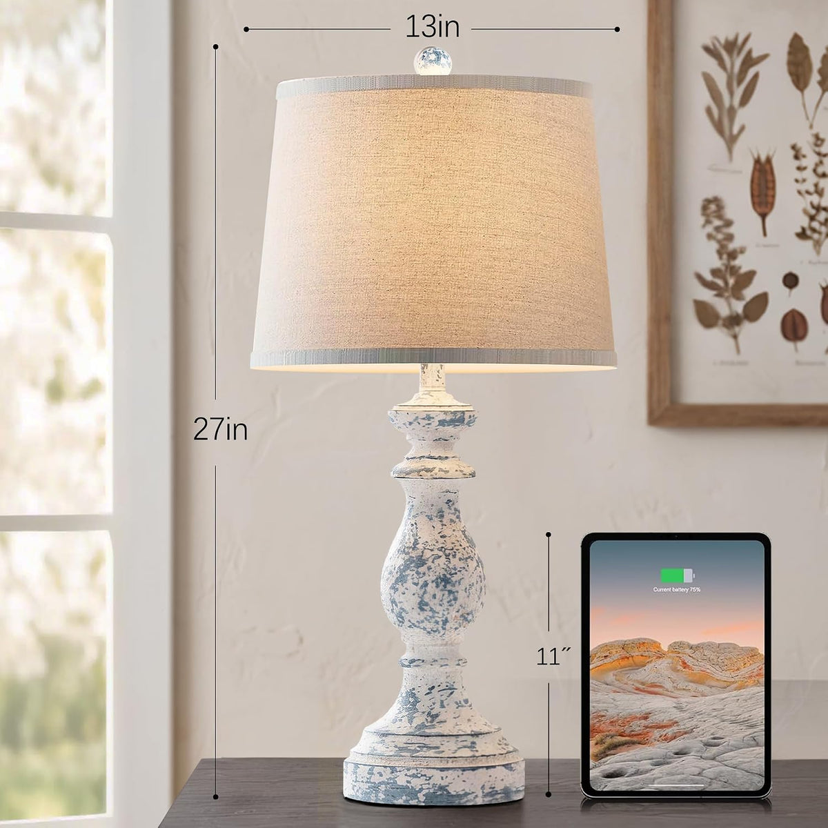 Traditional Table Lamp Set of 2, Rustic Farmhouse Table Lamps for Living Room Bedroom, 22" Bedside Desk Lamps Vintage Nightstand Lamps with Linen Shades, Wood Grain