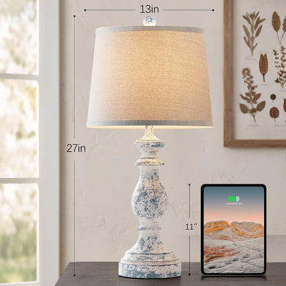 Traditional Table Lamp Set of 2, Rustic Farmhouse Table Lamps for Living Room Bedroom, 22" Bedside Desk Lamps Vintage Nightstand Lamps with Linen Shades, Wood Grain