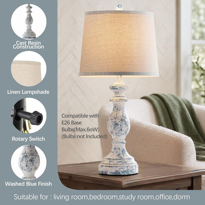 Traditional Table Lamp Set of 2, Rustic Farmhouse Table Lamps for Living Room Bedroom, 22" Bedside Desk Lamps Vintage Nightstand Lamps with Linen Shades, Wood Grain