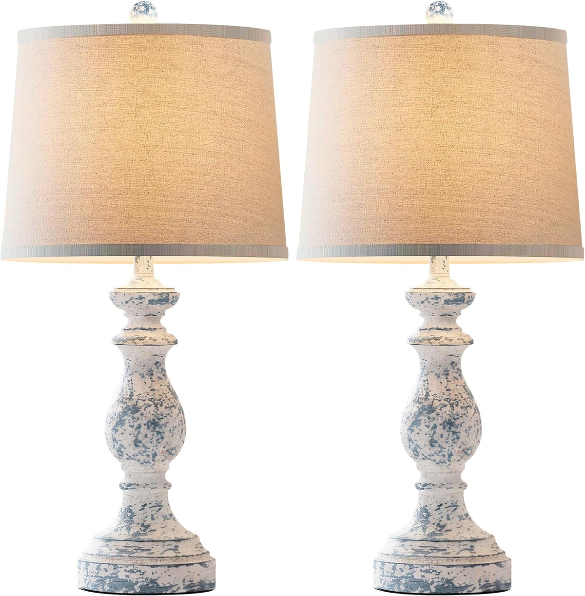 Traditional Table Lamp Set of 2, Rustic Farmhouse Table Lamps for Living Room Bedroom, 22" Bedside Desk Lamps Vintage Nightstand Lamps with Linen Shades, Wood Grain