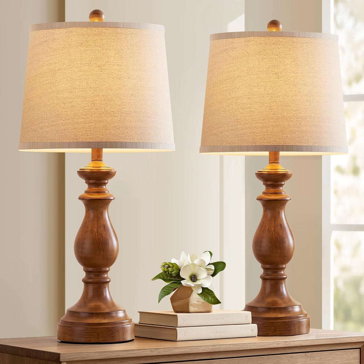 Traditional Table Lamp Set of 2, Rustic Farmhouse Table Lamps for Living Room Bedroom, 22" Bedside Desk Lamps Vintage Nightstand Lamps with Linen Shades, Wood Grain