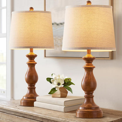 Traditional Table Lamp Set of 2, Rustic Farmhouse Table Lamps for Living Room Bedroom, 22" Bedside Desk Lamps Vintage Nightstand Lamps with Linen Shades, Wood Grain