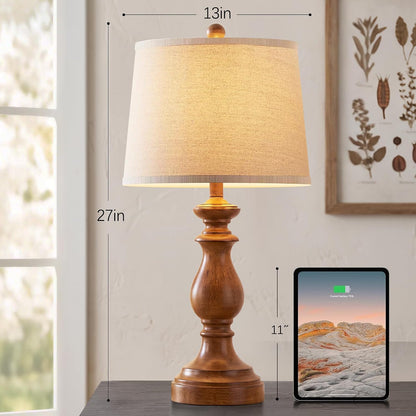 Traditional Table Lamp Set of 2, Rustic Farmhouse Table Lamps for Living Room Bedroom, 22" Bedside Desk Lamps Vintage Nightstand Lamps with Linen Shades, Wood Grain