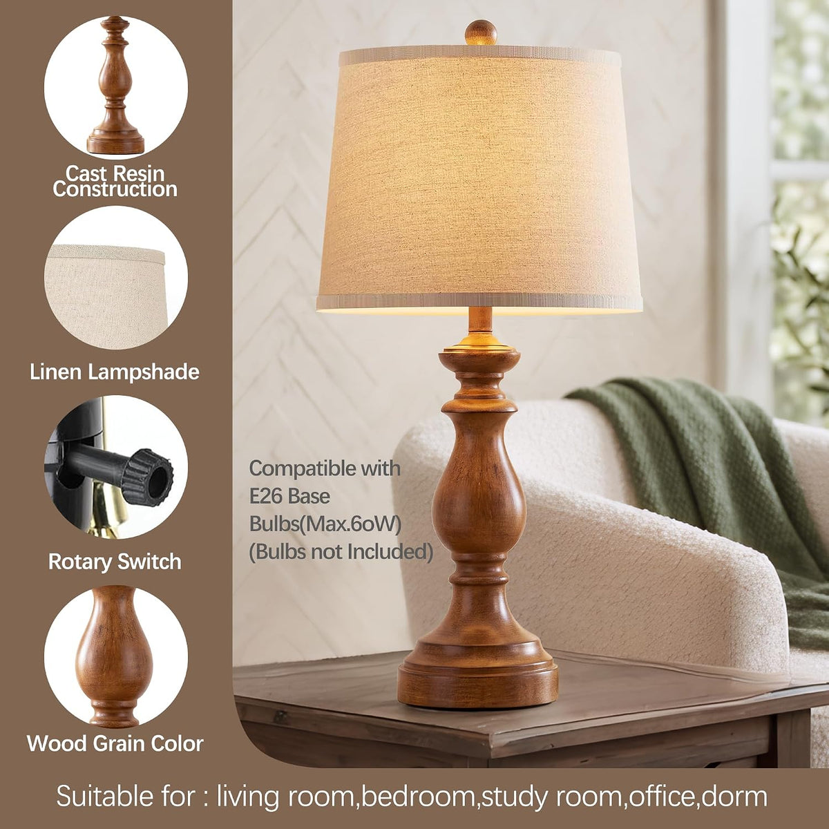 Traditional Table Lamp Set of 2, Rustic Farmhouse Table Lamps for Living Room Bedroom, 22" Bedside Desk Lamps Vintage Nightstand Lamps with Linen Shades, Wood Grain