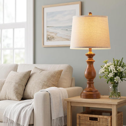 Traditional Table Lamp Set of 2, Rustic Farmhouse Table Lamps for Living Room Bedroom, 22" Bedside Desk Lamps Vintage Nightstand Lamps with Linen Shades, Wood Grain