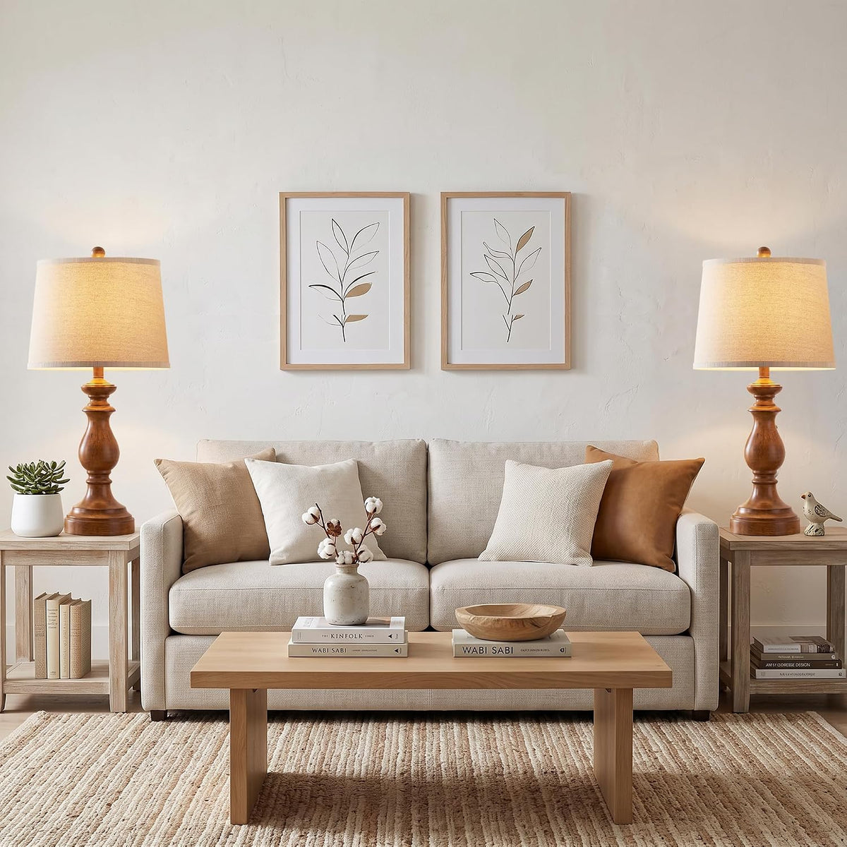 Traditional Table Lamp Set of 2, Rustic Farmhouse Table Lamps for Living Room Bedroom, 22" Bedside Desk Lamps Vintage Nightstand Lamps with Linen Shades, Wood Grain