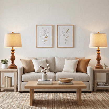 Traditional Table Lamp Set of 2, Rustic Farmhouse Table Lamps for Living Room Bedroom, 22" Bedside Desk Lamps Vintage Nightstand Lamps with Linen Shades, Wood Grain