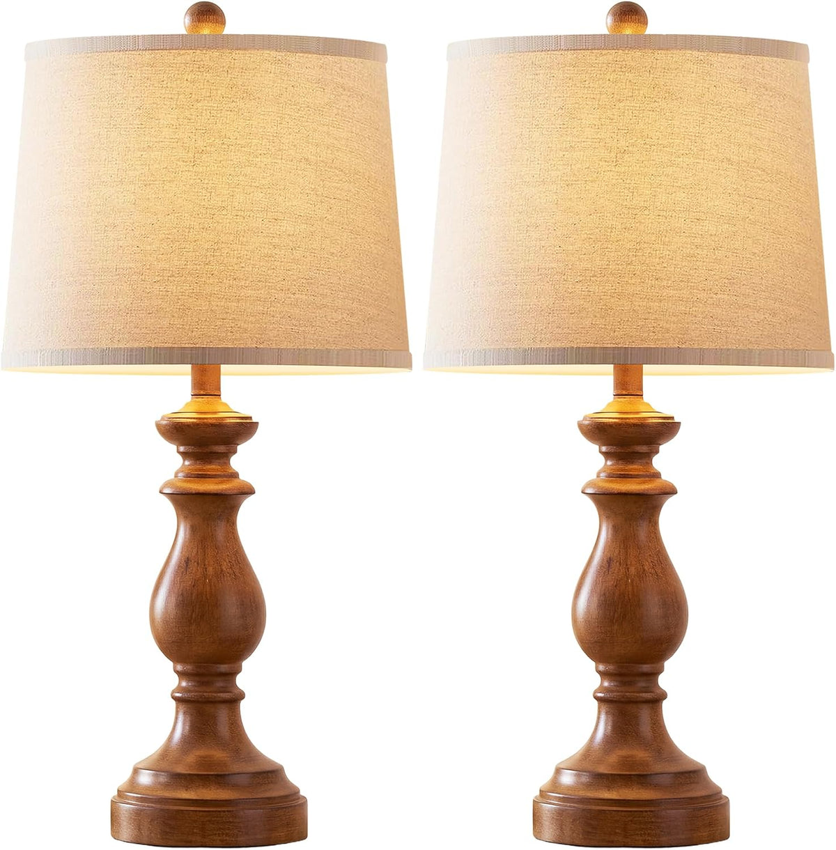 Traditional Table Lamp Set of 2, Rustic Farmhouse Table Lamps for Living Room Bedroom, 22" Bedside Desk Lamps Vintage Nightstand Lamps with Linen Shades, Wood Grain