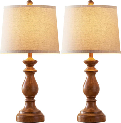 Traditional Table Lamp Set of 2, Rustic Farmhouse Table Lamps for Living Room Bedroom, 22" Bedside Desk Lamps Vintage Nightstand Lamps with Linen Shades, Wood Grain
