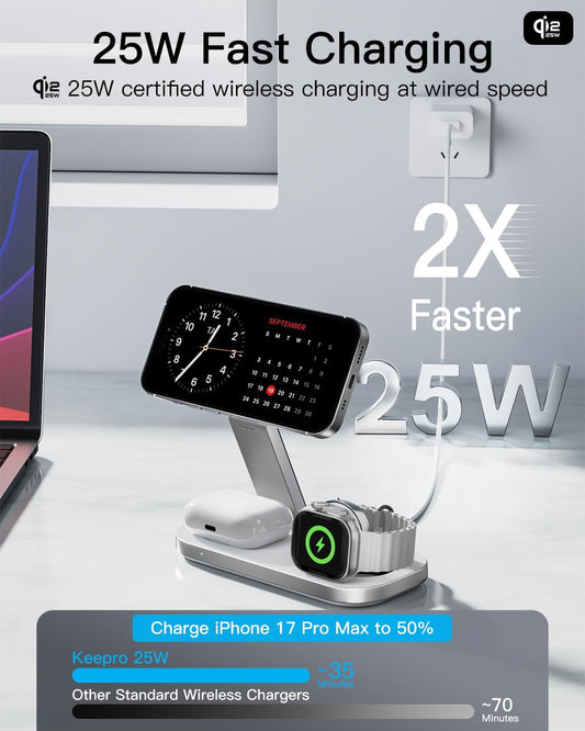 3-in-1 Charging Station for Apple Device, Qi2 25W Certified Magnetic Wireless Fast Charger Stand Compatible with MagSafe for iPhone 18/17/16/15/14/13/12/Air/Duo Series, Apple Watch & AirPods
