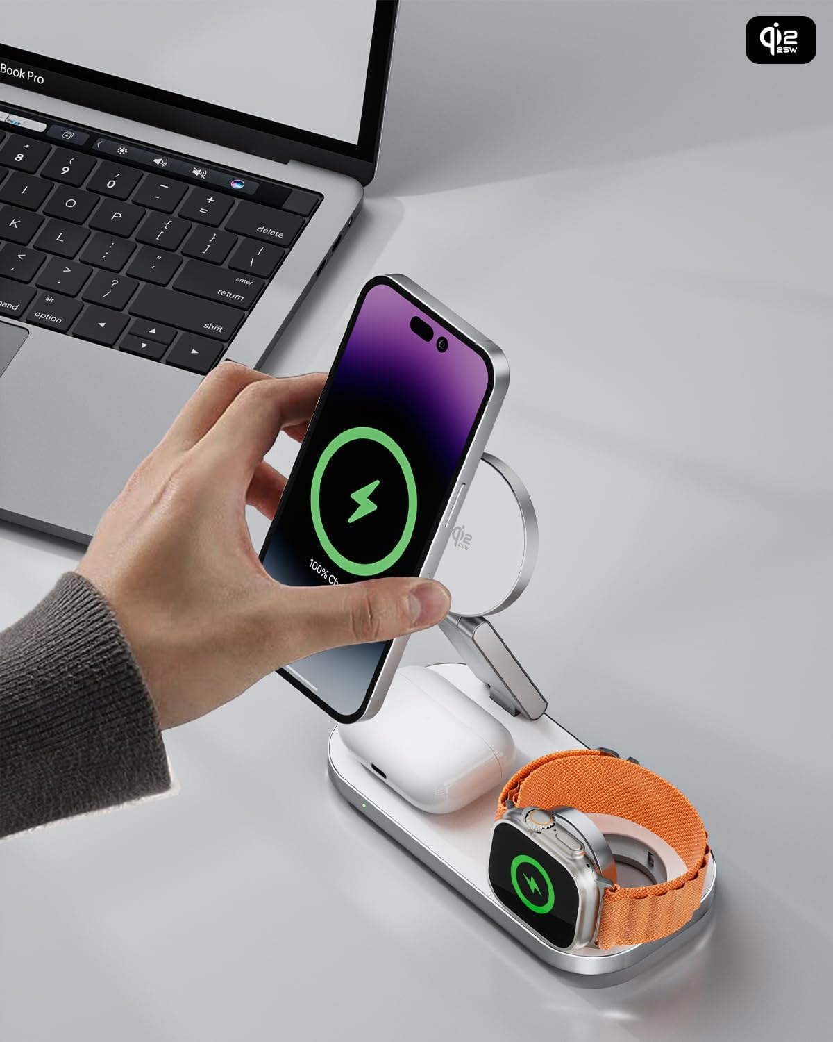3-in-1 Charging Station for Apple Device, Qi2 25W Certified Magnetic Wireless Fast Charger Stand Compatible with MagSafe for iPhone 18/17/16/15/14/13/12/Air/Duo Series, Apple Watch & AirPods