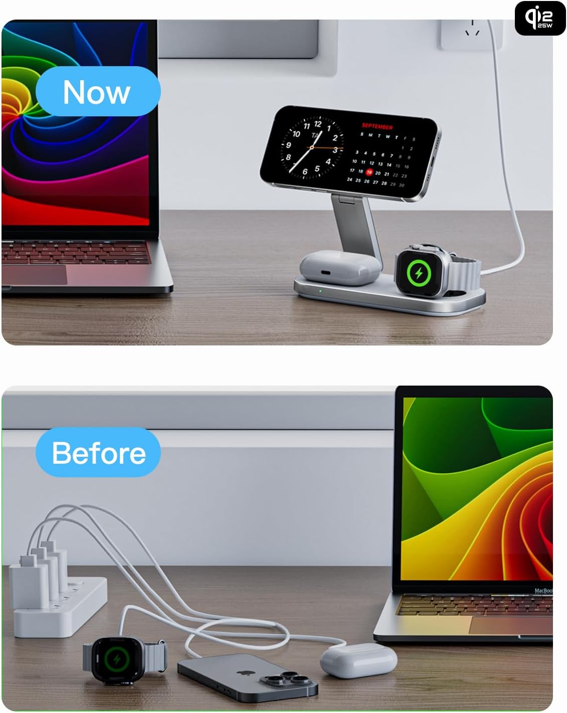 3-in-1 Charging Station for Apple Device, Qi2 25W Certified Magnetic Wireless Fast Charger Stand Compatible with MagSafe for iPhone 18/17/16/15/14/13/12/Air/Duo Series, Apple Watch & AirPods