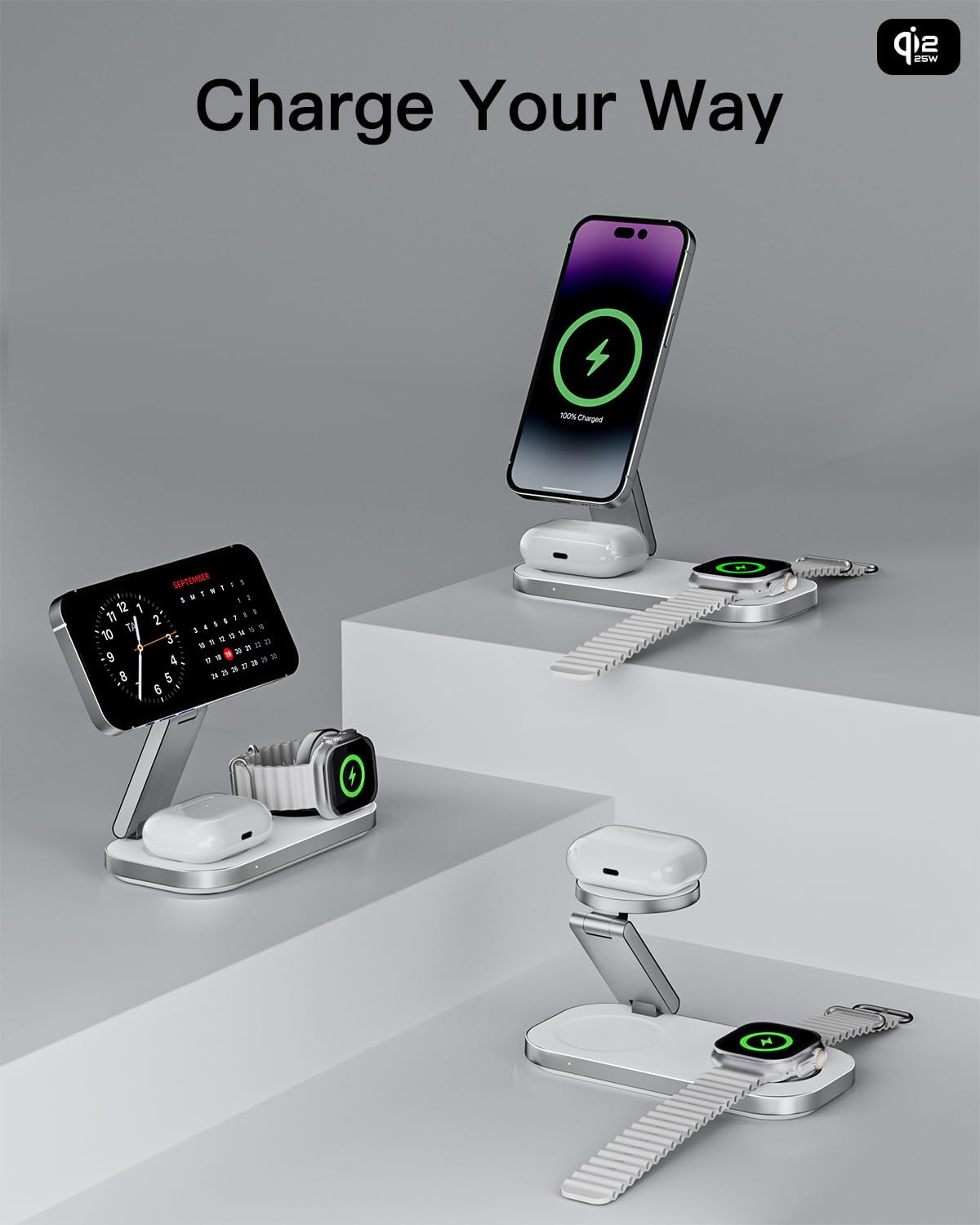 3-in-1 Charging Station for Apple Device, Qi2 25W Certified Magnetic Wireless Fast Charger Stand Compatible with MagSafe for iPhone 18/17/16/15/14/13/12/Air/Duo Series, Apple Watch & AirPods