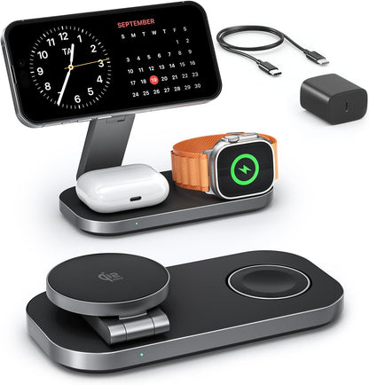 3-in-1 Charging Station for Apple Device, Qi2 25W Certified Magnetic Wireless Fast Charger Stand Compatible with MagSafe for iPhone 18/17/16/15/14/13/12/Air/Duo Series, Apple Watch & AirPods