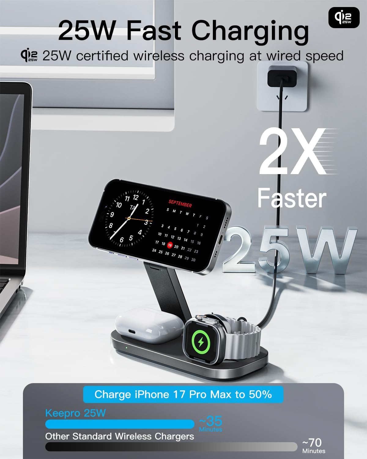 3-in-1 Charging Station for Apple Device, Qi2 25W Certified Magnetic Wireless Fast Charger Stand Compatible with MagSafe for iPhone 18/17/16/15/14/13/12/Air/Duo Series, Apple Watch & AirPods