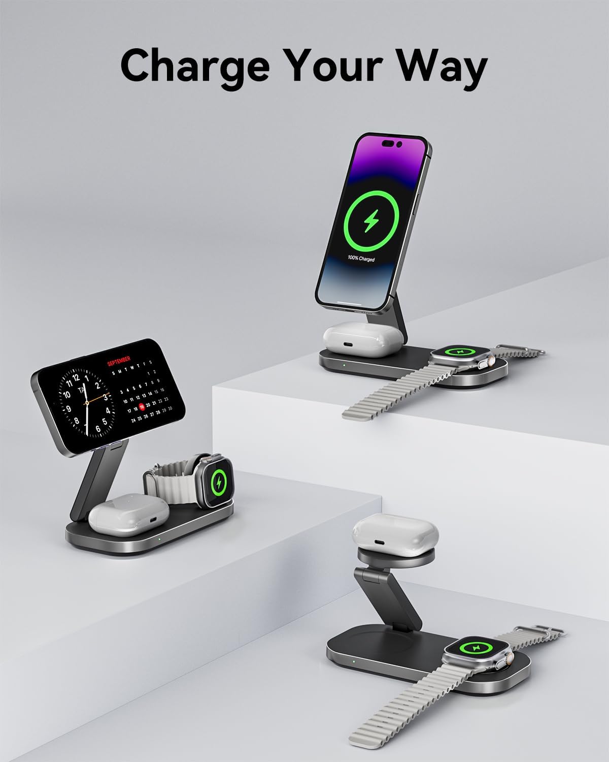 3-in-1 Charging Station for Apple Device, Qi2 25W Certified Magnetic Wireless Fast Charger Stand Compatible with MagSafe for iPhone 18/17/16/15/14/13/12/Air/Duo Series, Apple Watch & AirPods