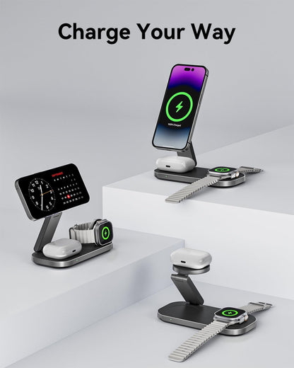 3-in-1 Charging Station for Apple Device, Qi2 25W Certified Magnetic Wireless Fast Charger Stand Compatible with MagSafe for iPhone 18/17/16/15/14/13/12/Air/Duo Series, Apple Watch & AirPods