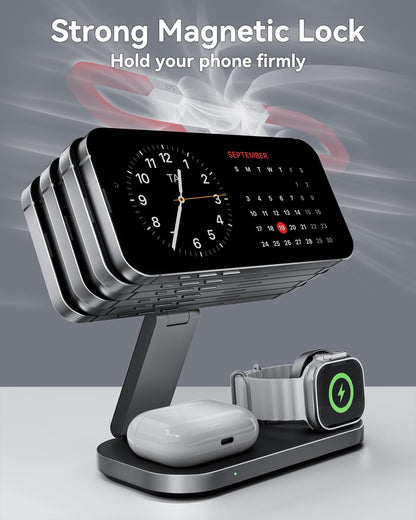 3-in-1 Charging Station for Apple Device, Qi2 25W Certified Magnetic Wireless Fast Charger Stand Compatible with MagSafe for iPhone 18/17/16/15/14/13/12/Air/Duo Series, Apple Watch & AirPods