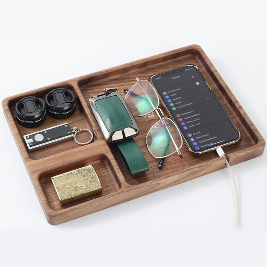 Walnut Wooden Valet Tray – Bedside Table Organizer for Men Dad, Edc Catch All Tray with Cable Slot (11.4 x 7.9 x 0.8 Inch)