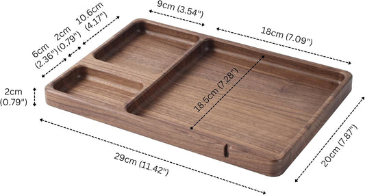 Walnut Wooden Valet Tray – Bedside Table Organizer for Men Dad, Edc Catch All Tray with Cable Slot (11.4 x 7.9 x 0.8 Inch)