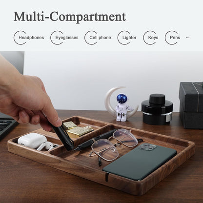 Walnut Wooden Valet Tray – Bedside Table Organizer for Men Dad, Edc Catch All Tray with Cable Slot (11.4 x 7.9 x 0.8 Inch)