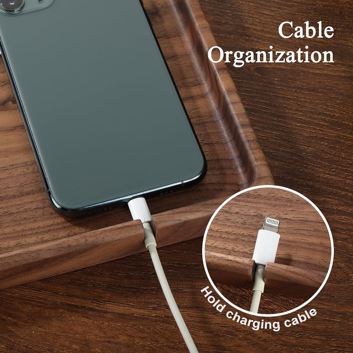 Walnut Wooden Valet Tray – Bedside Table Organizer for Men Dad, Edc Catch All Tray with Cable Slot (11.4 x 7.9 x 0.8 Inch)