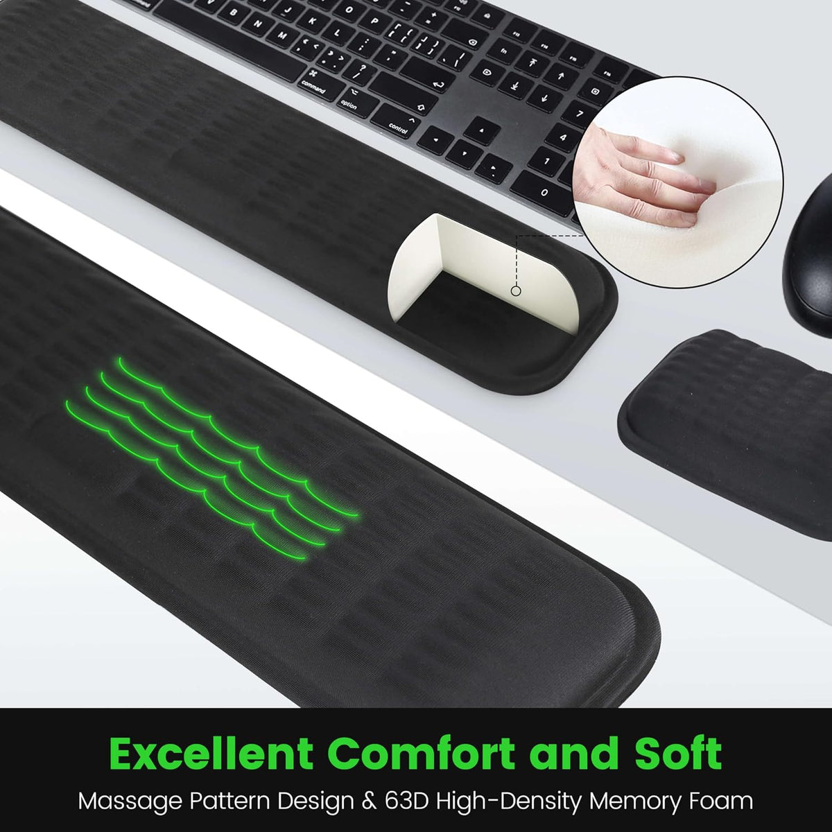 Ergonomic Wrist Rest for Keyboard and Mouse, Soft Memory Foam Keyboard Wrist Rest Set with Non-Slip Silicone Base, Easy Typing, Pain Relief, Comfort for Office, Work, Gaming (Classic Black)