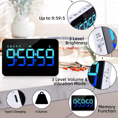 Kitchen Digital Timer, Count Down Up, Rechargeable, Vibration Mode