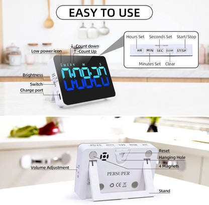 Kitchen Digital Timer, Count Down Up, Rechargeable, Vibration Mode