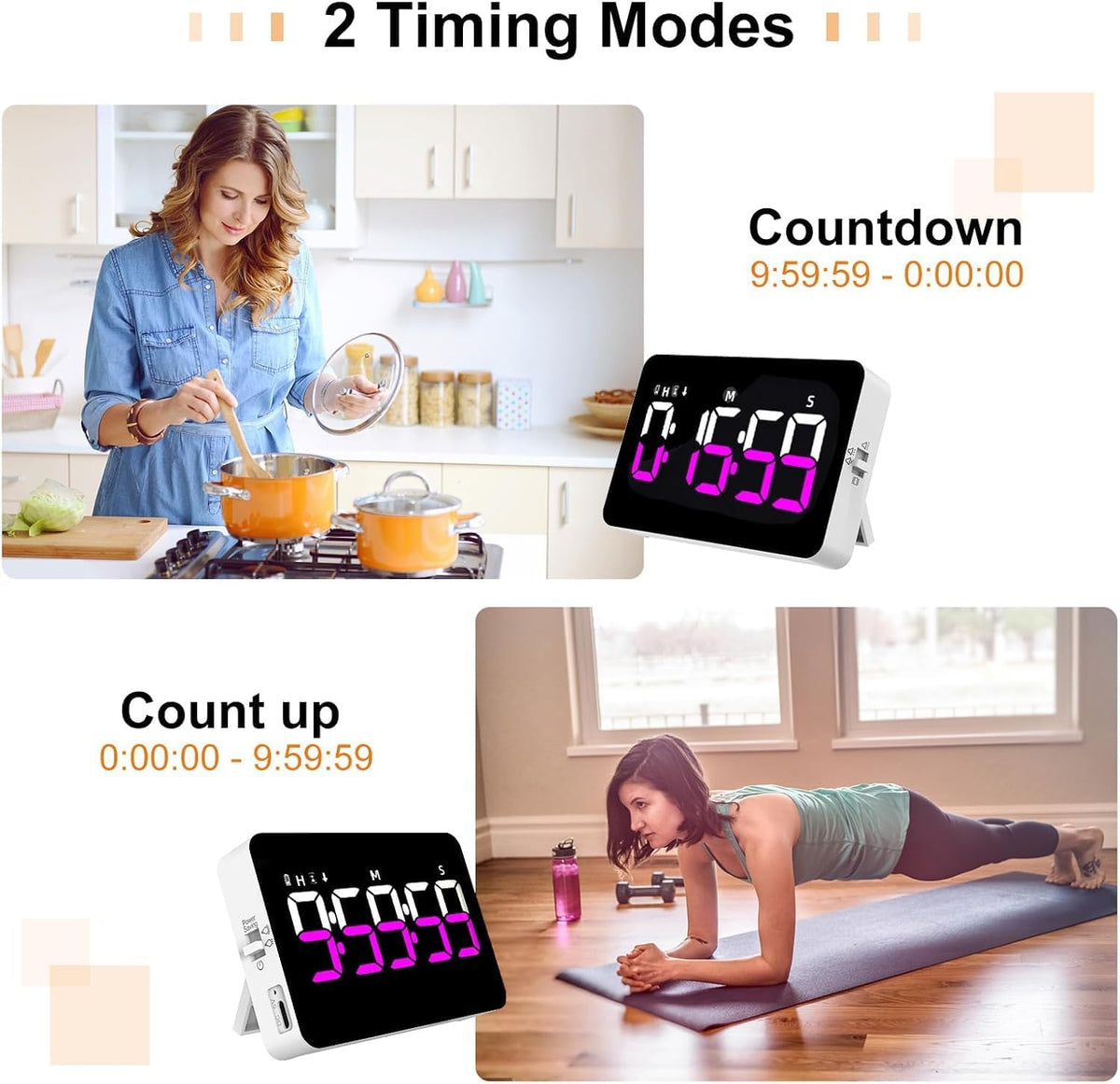 Kitchen Digital Timer, Count Down Up, Rechargeable, Vibration Mode