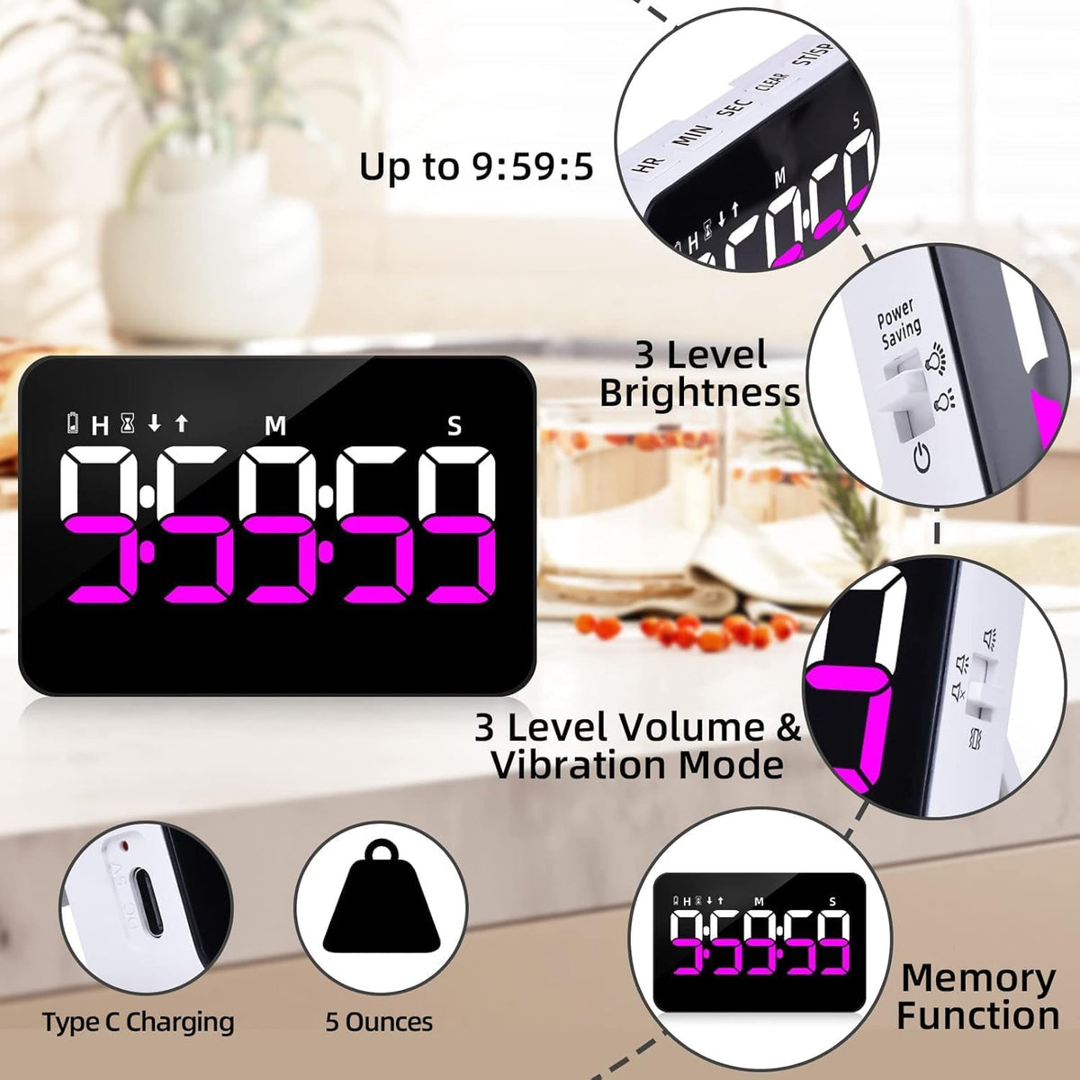Kitchen Digital Timer, Count Down Up, Rechargeable, Vibration Mode