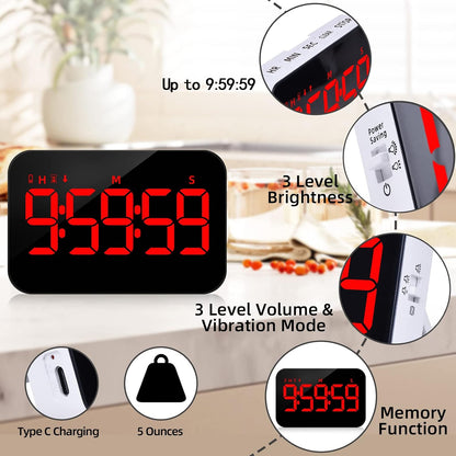 Kitchen Digital Timer, Count Down Up, Rechargeable, Vibration Mode