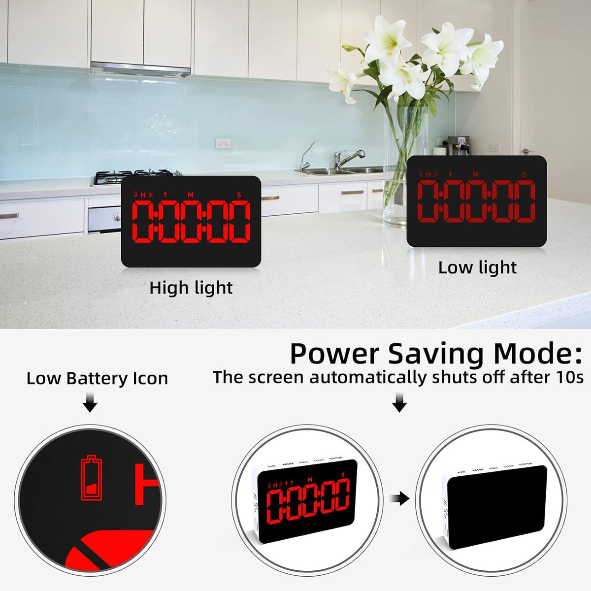 Kitchen Digital Timer, Count Down Up, Rechargeable, Vibration Mode
