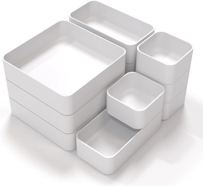 11-Piece Stackable Drawer Organizer Set, Multi-size Desk Drawer Organizer Trays Vanity Storage Bins for Storing Makeup, Stationery, Utensils in Bathroom Dresser, Office and Kitchen