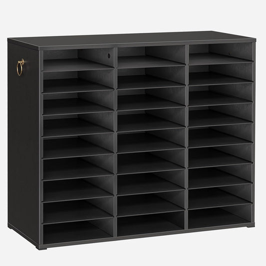Literature Organizer, 27 Compartments Wooden Mail Organizer, Countertop Literature Sorter with Adjustable Shelves for Home, Office, School, Student Mailbox for Classroom, Black BK27WF01