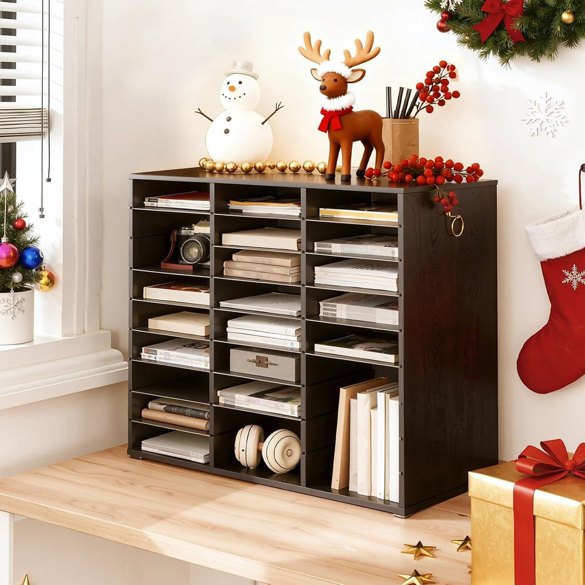 Literature Organizer, 27 Compartments Wooden Mail Organizer, Countertop Literature Sorter with Adjustable Shelves for Home, Office, School, Student Mailbox for Classroom, Black BK27WF01