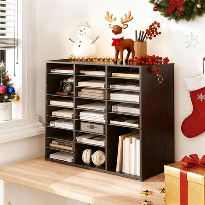 Literature Organizer, 27 Compartments Wooden Mail Organizer, Countertop Literature Sorter with Adjustable Shelves for Home, Office, School, Student Mailbox for Classroom, Black BK27WF01