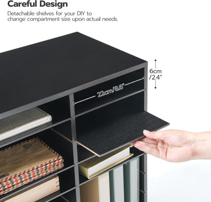 Literature Organizer, 27 Compartments Wooden Mail Organizer, Countertop Literature Sorter with Adjustable Shelves for Home, Office, School, Student Mailbox for Classroom, Black BK27WF01