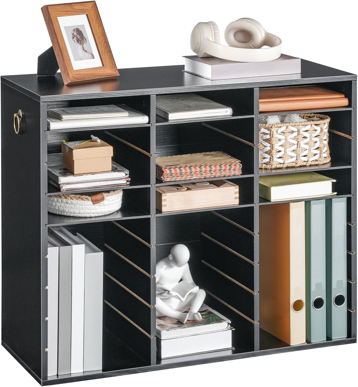 Literature Organizer, 27 Compartments Wooden Mail Organizer, Countertop Literature Sorter with Adjustable Shelves for Home, Office, School, Student Mailbox for Classroom, Black BK27WF01