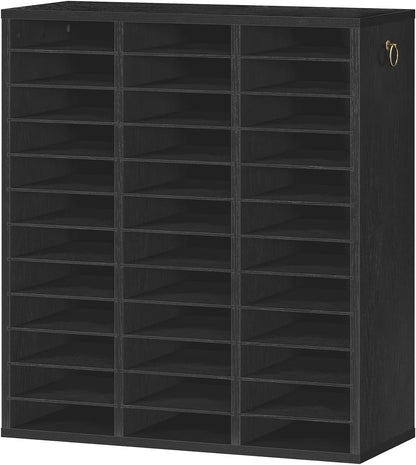 Literature Organizer, 27 Compartments Wooden Mail Organizer, Countertop Literature Sorter with Adjustable Shelves for Home, Office, School, Student Mailbox for Classroom, Black BK27WF01