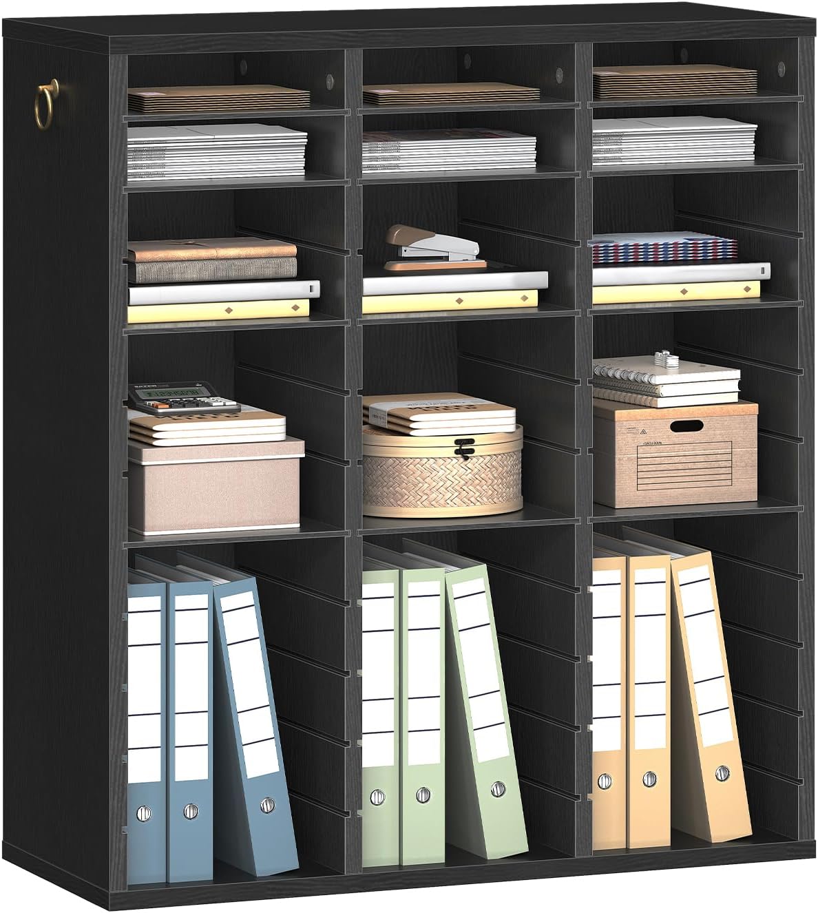 Literature Organizer, 27 Compartments Wooden Mail Organizer, Countertop Literature Sorter with Adjustable Shelves for Home, Office, School, Student Mailbox for Classroom, Black BK27WF01