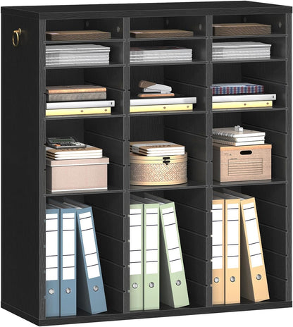 Literature Organizer, 27 Compartments Wooden Mail Organizer, Countertop Literature Sorter with Adjustable Shelves for Home, Office, School, Student Mailbox for Classroom, Black BK27WF01