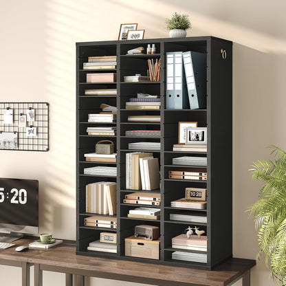 Literature Organizer, 27 Compartments Wooden Mail Organizer, Countertop Literature Sorter with Adjustable Shelves for Home, Office, School, Student Mailbox for Classroom, Black BK27WF01